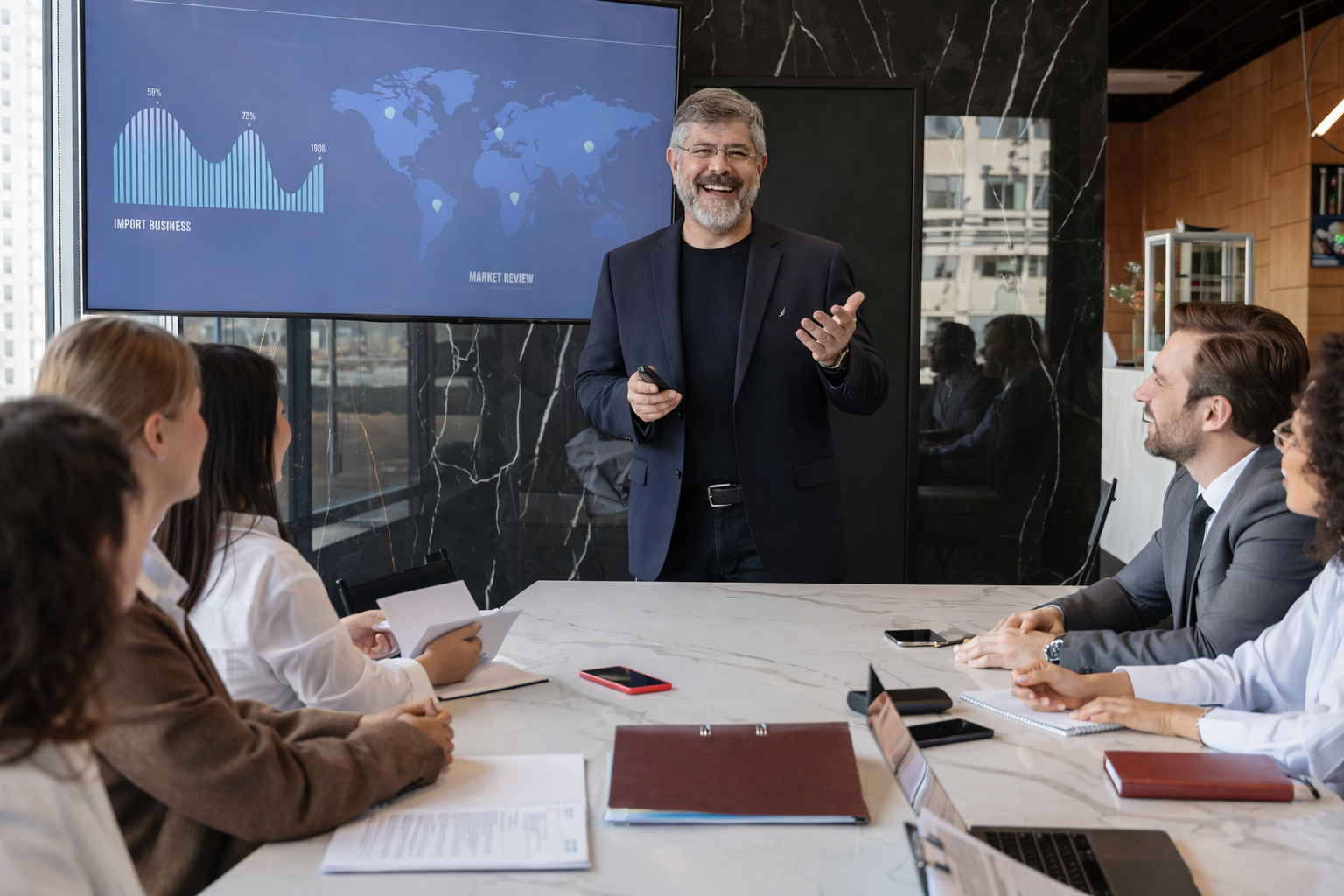 Equipo de liderazgo de DoctorFlexo en presentacion ejecutiva